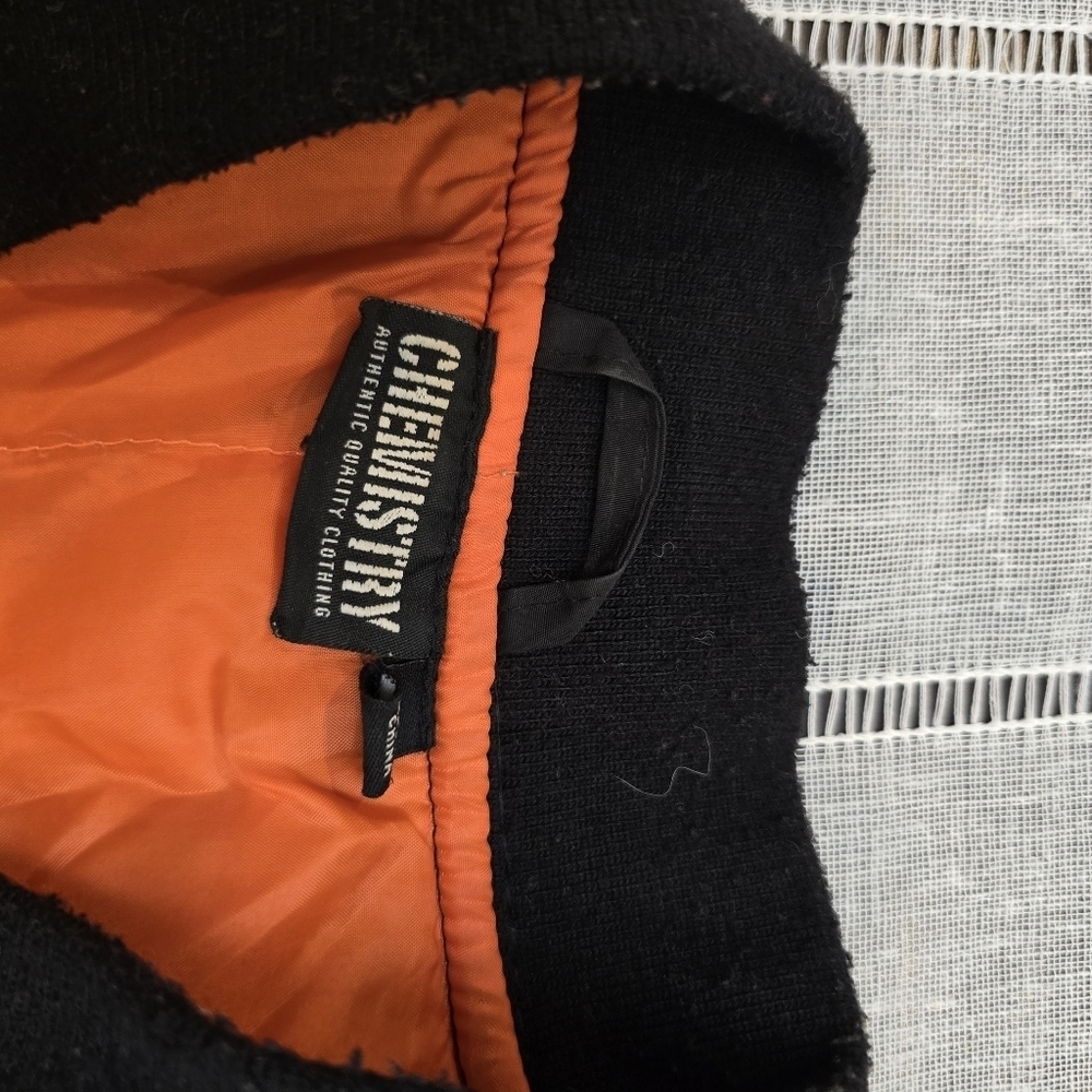 NASA Bomber Jacket With Patches Chemistry Brand Black With Orange Lining Sz Larg - Picture 14 of 16